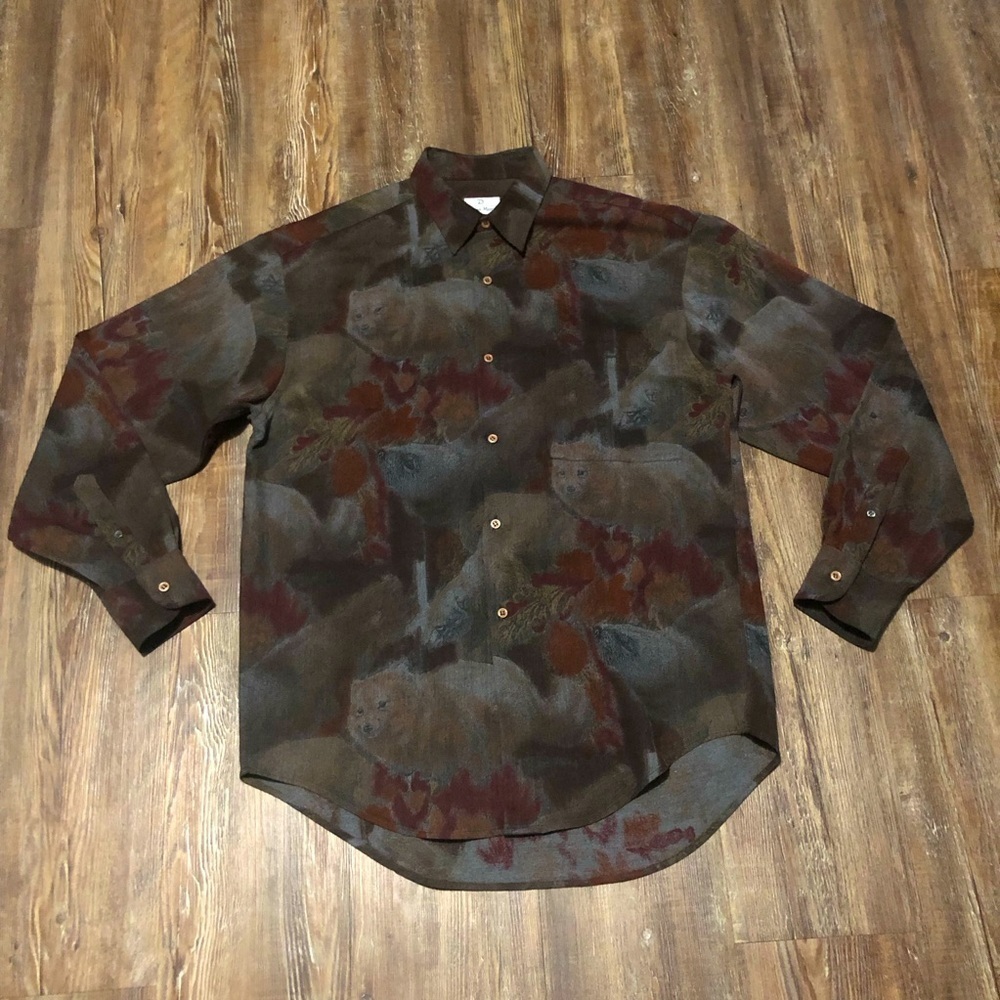 Neiman Marcus Shirt Men's Large Animal Scene Print Button Up Festive Fashion